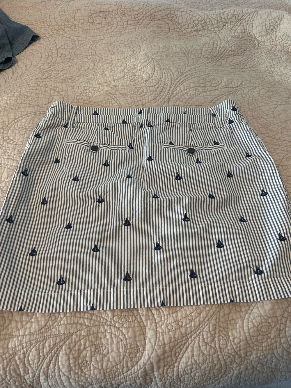 British Khaki Navy & White Striped Mini Skirt with Sailboat Motif